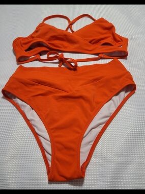 PINK Victoria's Secret Orange High-Waist Bikini Set Top Xl Bottom LTummy Control